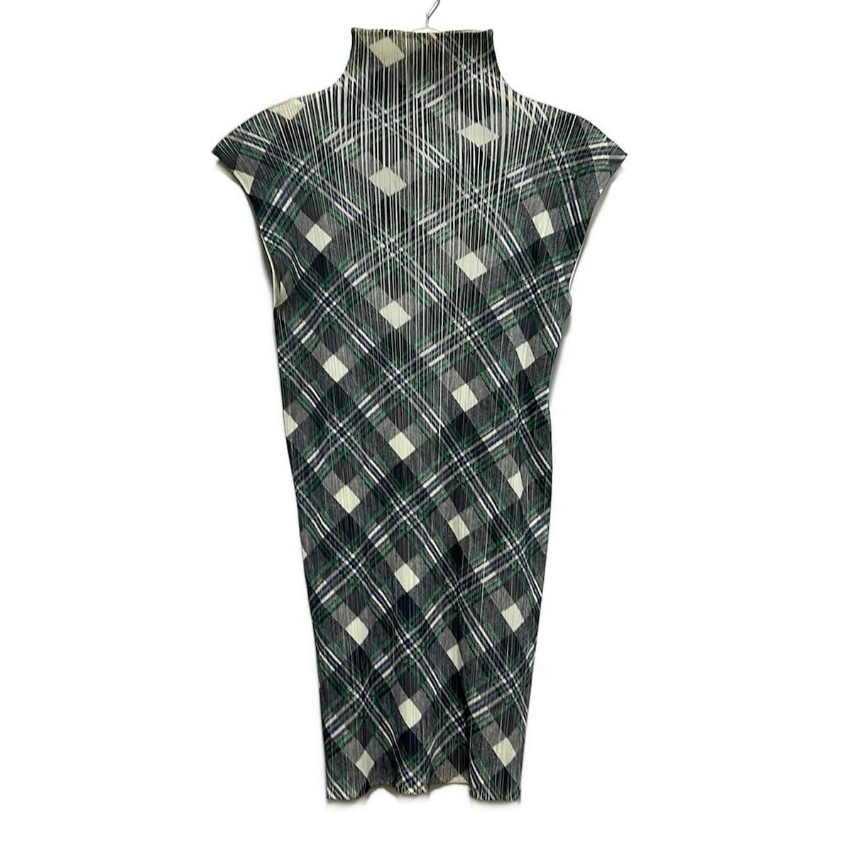 プリーツプリーズ ノースリーブカットソー サイズ3 L レディース グレー×グリーン×マルチ ハイネック|ロング丈|チェック柄|プリーツ