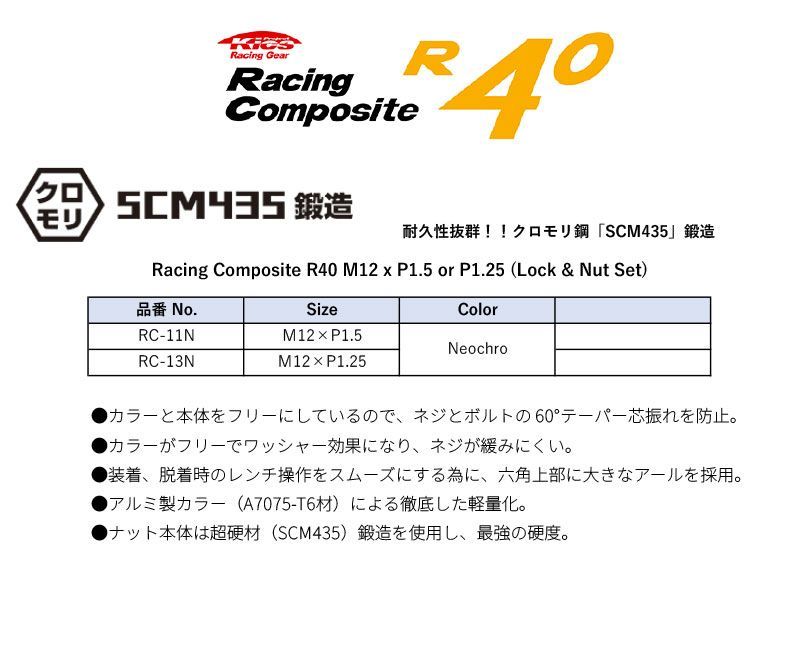 KYO EI レーシングコンポジットR 40 ホイールナット＆ロックセット M 12 P 1 5 or 25 ネオクロ