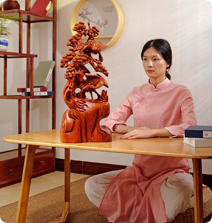 花の梨の木製の鳥と木の彫刻 置物 約30 cm