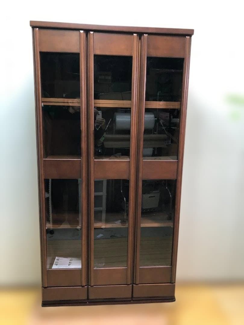 サン SUN リップ BR 90書棚 ガラス扉 ブラウン 木目 本棚 キャビネット 書庫 収納家具 ラバーウッド プリント化粧合板 251127-17