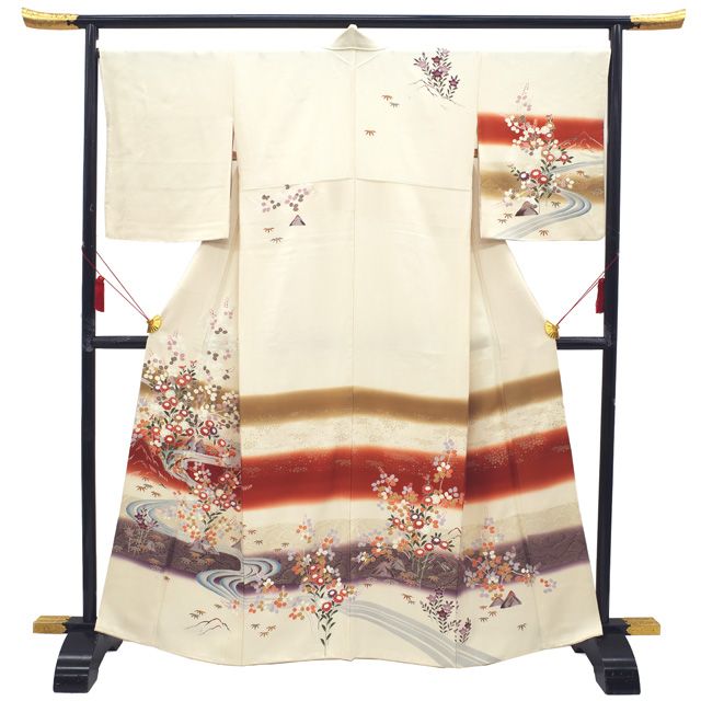 すごい値！ 訪問着 袷 リサイクル 着物 フォーマル 正絹 薄ベージュ 草花 流水 波 中古 仕立て上がり 身丈164 裄丈68 Ｌ みやがわ nek01559 中古】 すごい値！ 訪問着 袷 リサイクル フォーマル 着物 正絹 薄