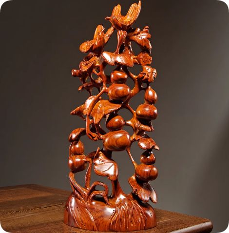 花梨の精彫五福 木の彫刻根の彫刻ハスの花の花動物の置物マホガニーのインテリア工芸品