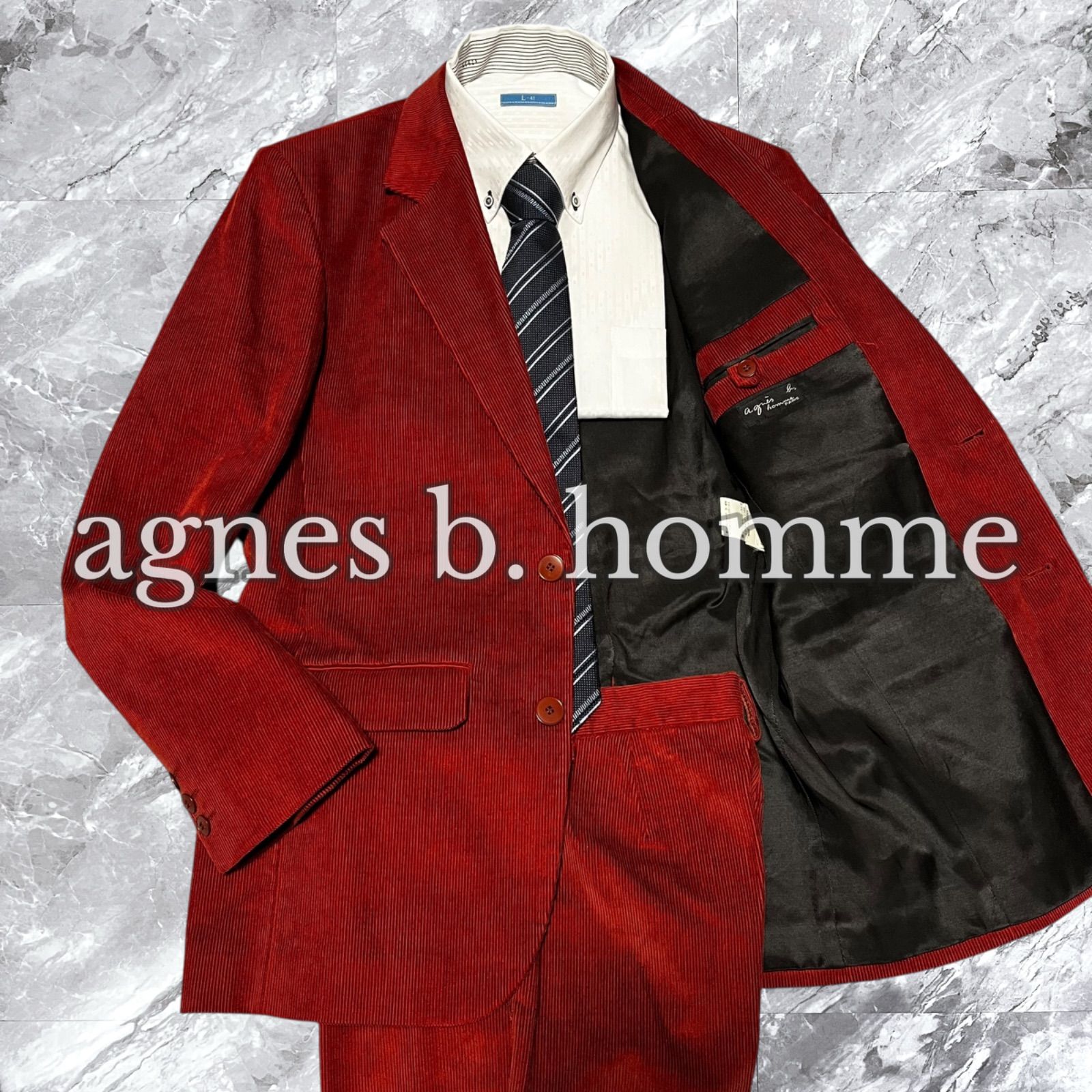 agnes b. homme アニエスベーオム セットアップ スーツ 上下セット カジュアルスーツ コーデュロイ 2 B 総裏 センターベント 開き見せ コットン 綿 フランス製 レッド系 赤色系 サイズ48 38 L相当