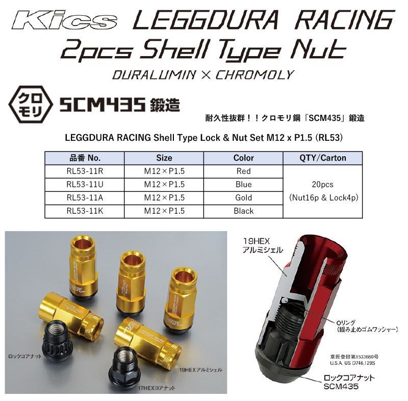 KYO EI キックス レデューラレーシング シェルタイプ ホイールナット＆ロックセット ローレットタイプ M 12 P 1 5