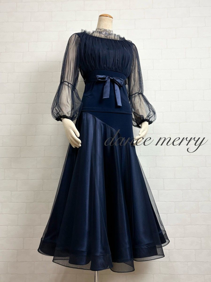 MERRY】新品 豪華 社交ダンス ツーピース セットアップ 紺 ネイビー