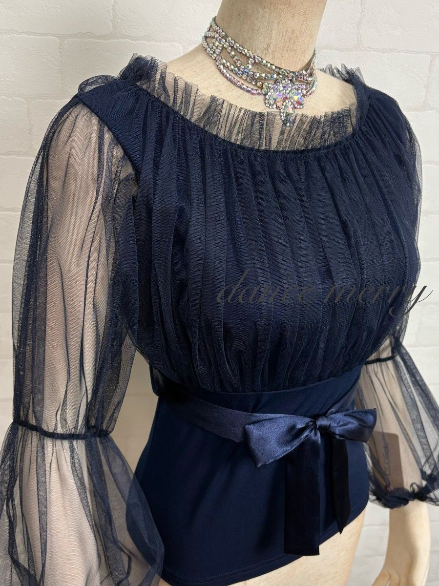 MERRY】新品 豪華 社交ダンス ツーピース セットアップ 紺 ネイビー