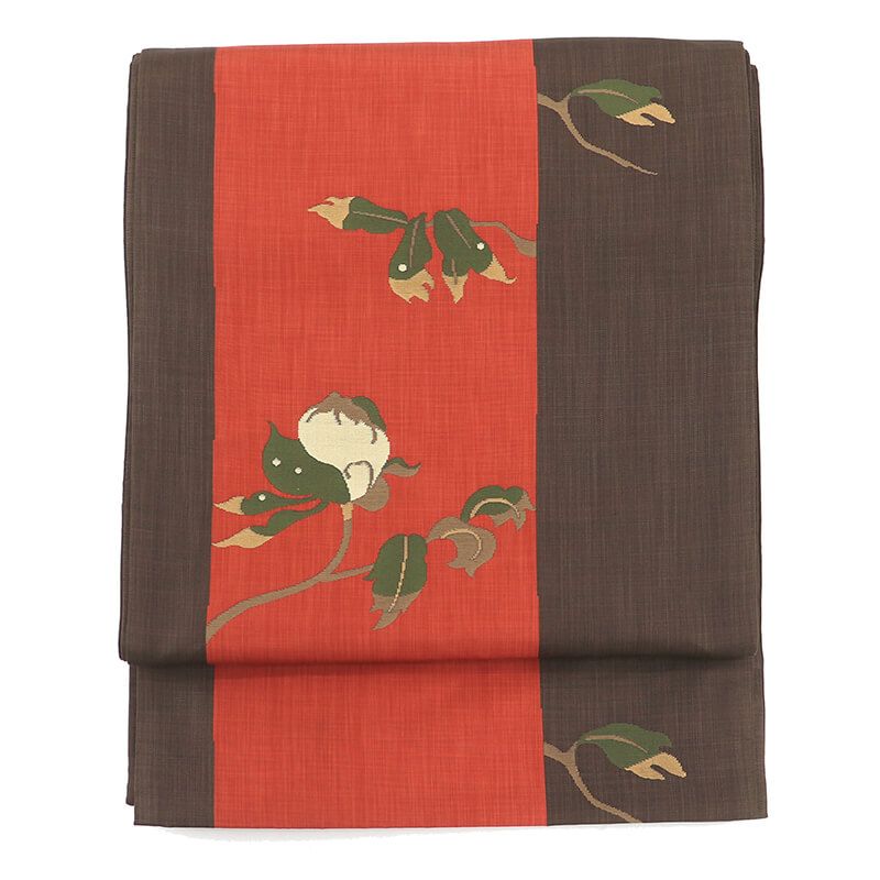 袋帯 木屋太 おしゃれ袋帯 洒落 正絹 六通柄 こげ茶 朱赤 幅柄 枝葉 長