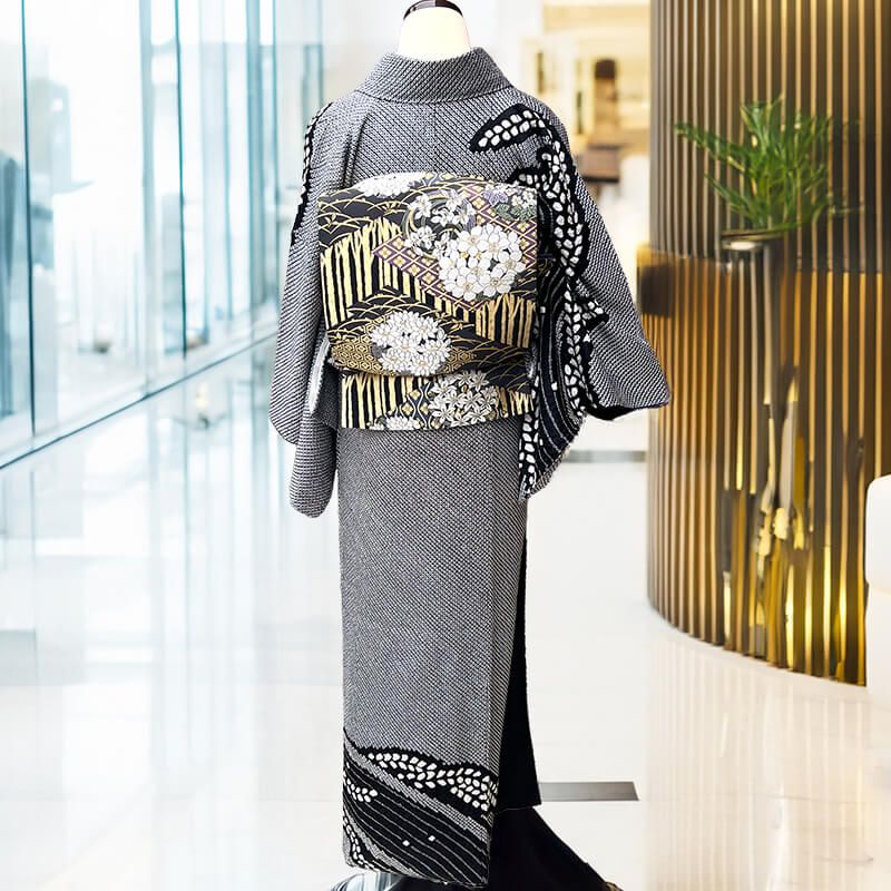 袋帯 フォーマル 新小石丸 貝紫 正絹 六通柄 灰黒 金 松皮菱 花の丸文