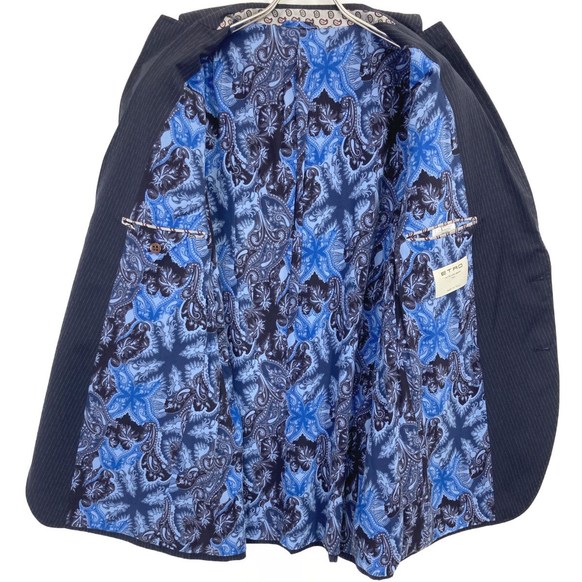 ETRO エトロ ﾈｲﾋﾞｰ ﾋﾟﾝｽﾄﾗｲﾌﾟ 裏地ﾎﾞﾀﾆｶﾙ総柄 2Bﾃｰﾗｰﾄﾞｼﾞｬｹｯﾄ 60