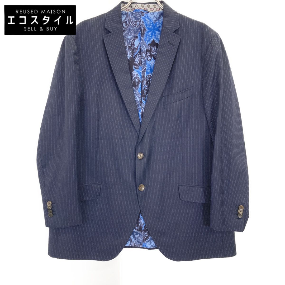 ETRO エトロ ﾈｲﾋﾞｰ ﾋﾟﾝｽﾄﾗｲﾌﾟ 裏地ﾎﾞﾀﾆｶﾙ総柄 2Bﾃｰﾗｰﾄﾞｼﾞｬｹｯﾄ 60