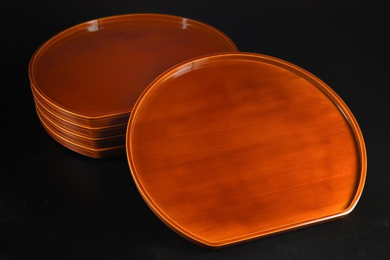 蔵A 5721 a 飛騨春慶 足付半月盆 会席膳 五客 胡桃足