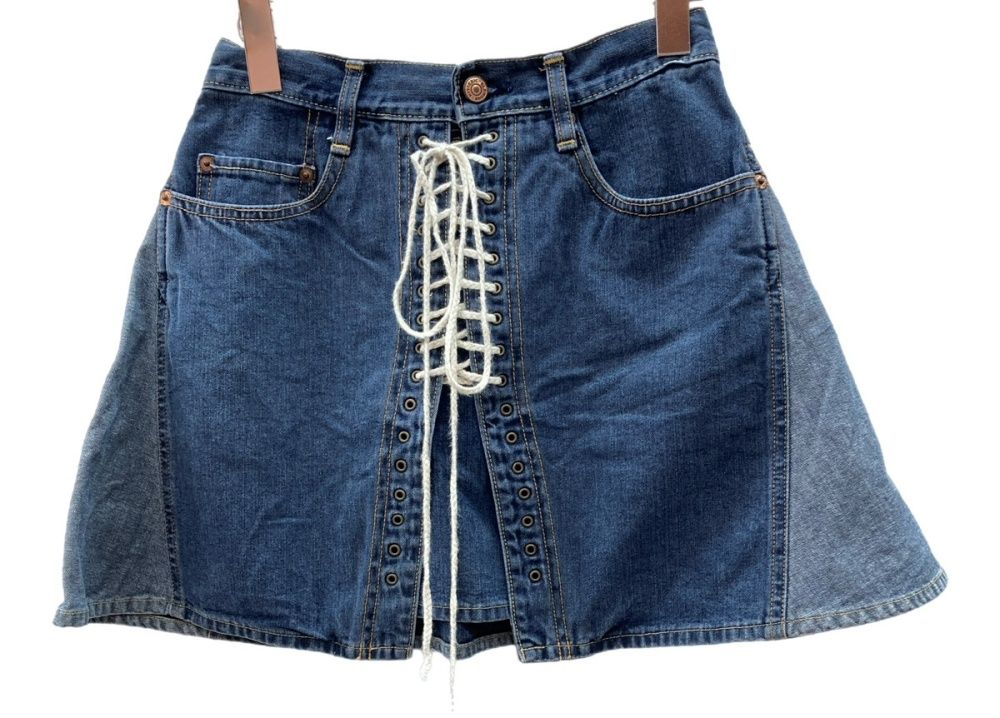 ヒステリックグラマー GLAMOUR 初期タグ KINKY JEANS ミニスカート デニム Aライン レースアップ トレンド Y 2 K インディゴ INDIGO AK-8510 スカート ロゴ ネイビー Fサイズ 104 LB-48