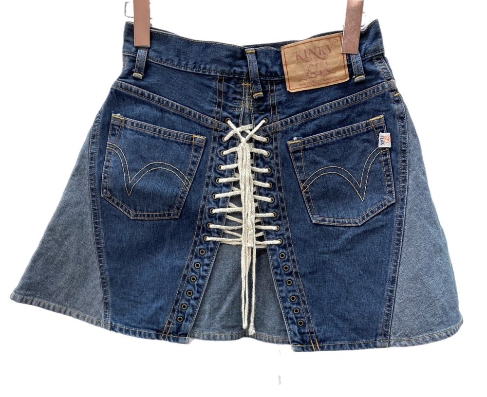ヒステリックグラマー GLAMOUR 初期タグ KINKY JEANS ミニスカート デニム Aライン レースアップ トレンド Y 2 K 日本製 インディゴ INDIGO AK-8510 スカート ロゴ ネイビー Fサイズ 104 LB-48