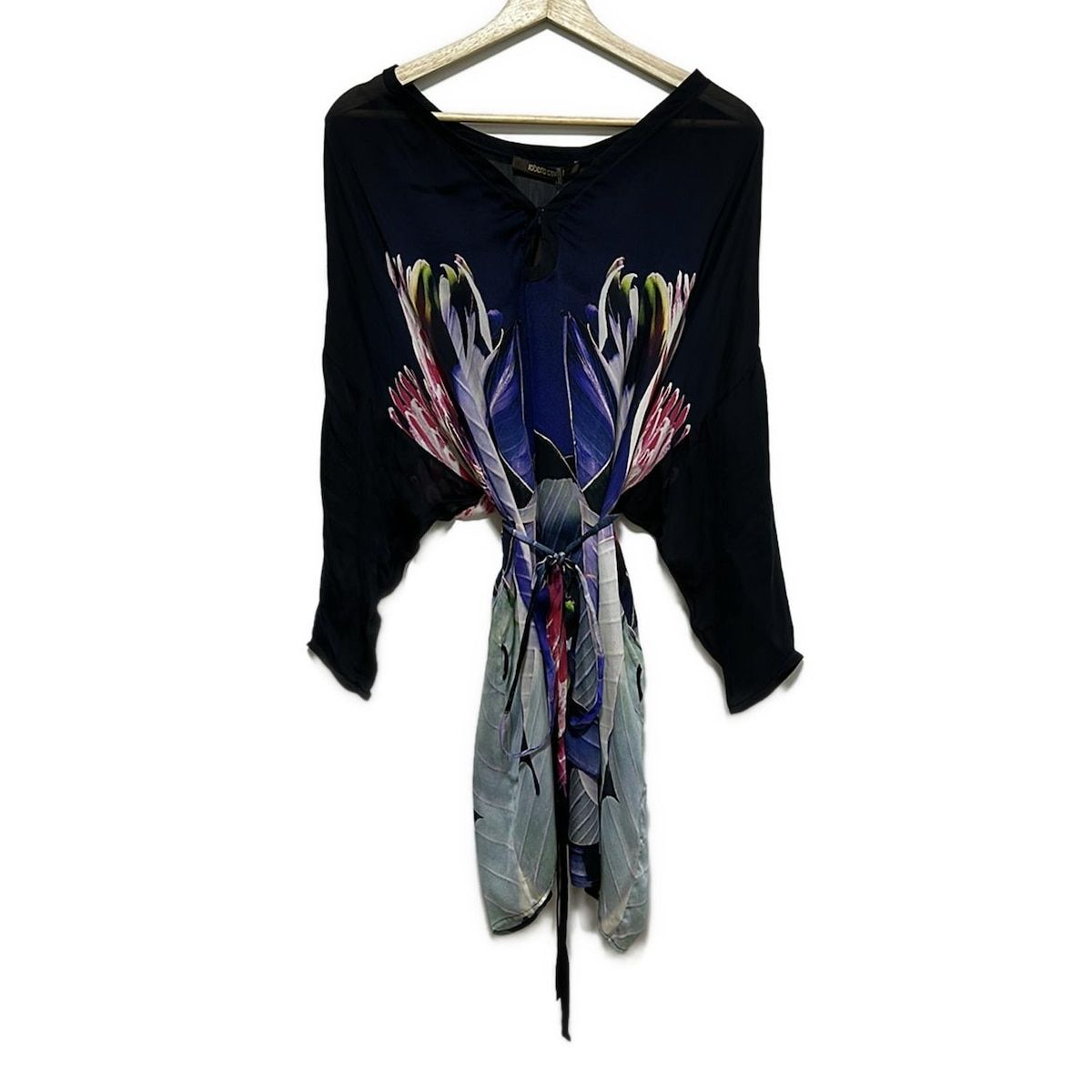 RobertoCavalli ロベルトカヴァリ チュニック サイズ38 M レディース 黒 ネイビー マルチ 七分袖 シースルー 花柄
