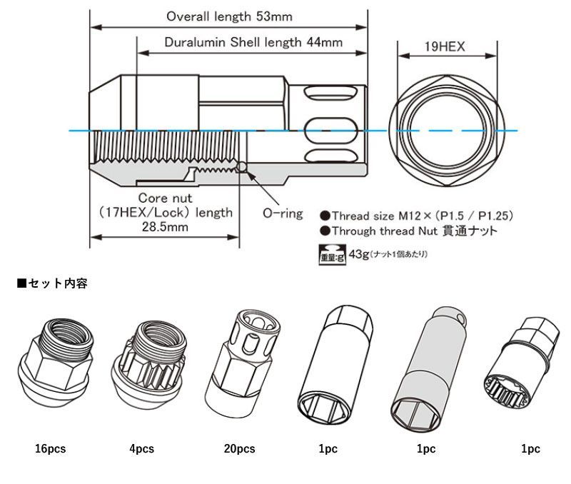 KYO EI キックス レデューラレーシング シェルタイプ ホイールナット＆ロックセット 貫通タイプ M 12 P 1 5 ホイールナット タイヤ ホイール