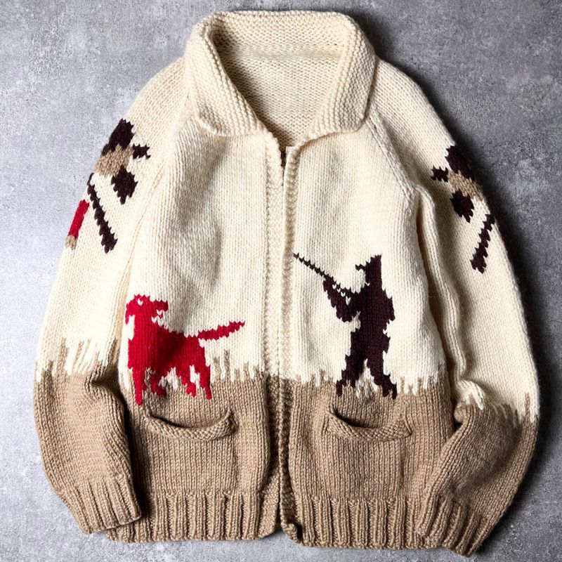 60s UNKNOWN ハンティング 総柄 フルジップ ウール カウチン ニット