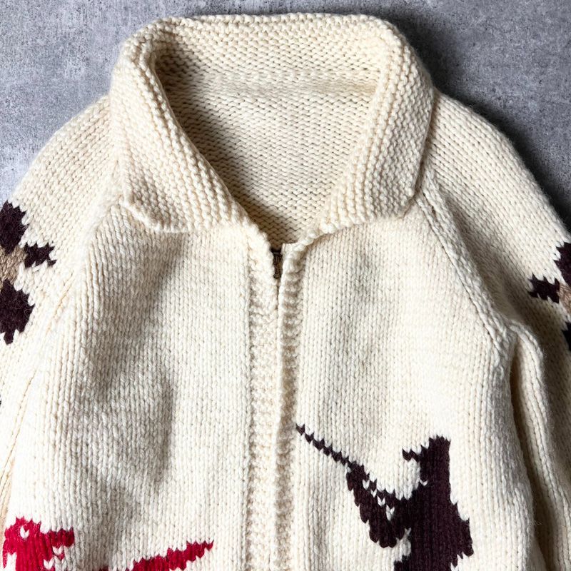 60s UNKNOWN ハンティング 総柄 フルジップ ウール カウチン ニット