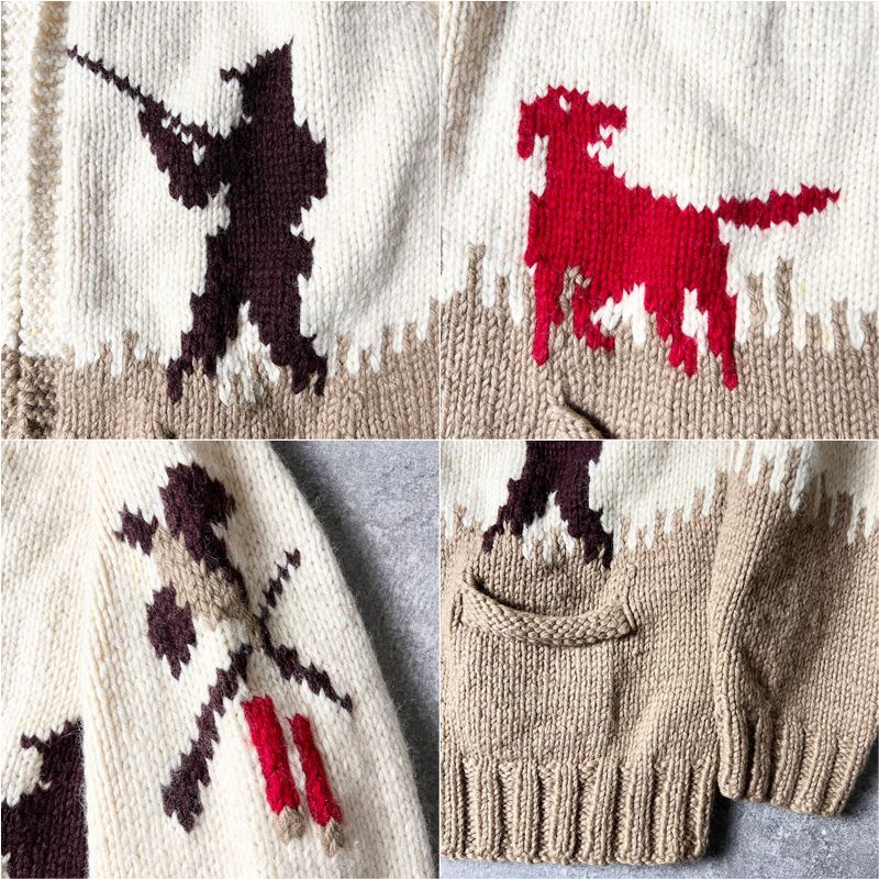 60s UNKNOWN ハンティング 総柄 フルジップ ウール カウチン ニット