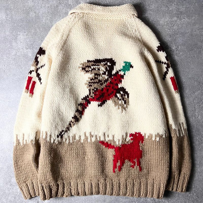 60s UNKNOWN ハンティング 総柄 フルジップ ウール カウチン ニット