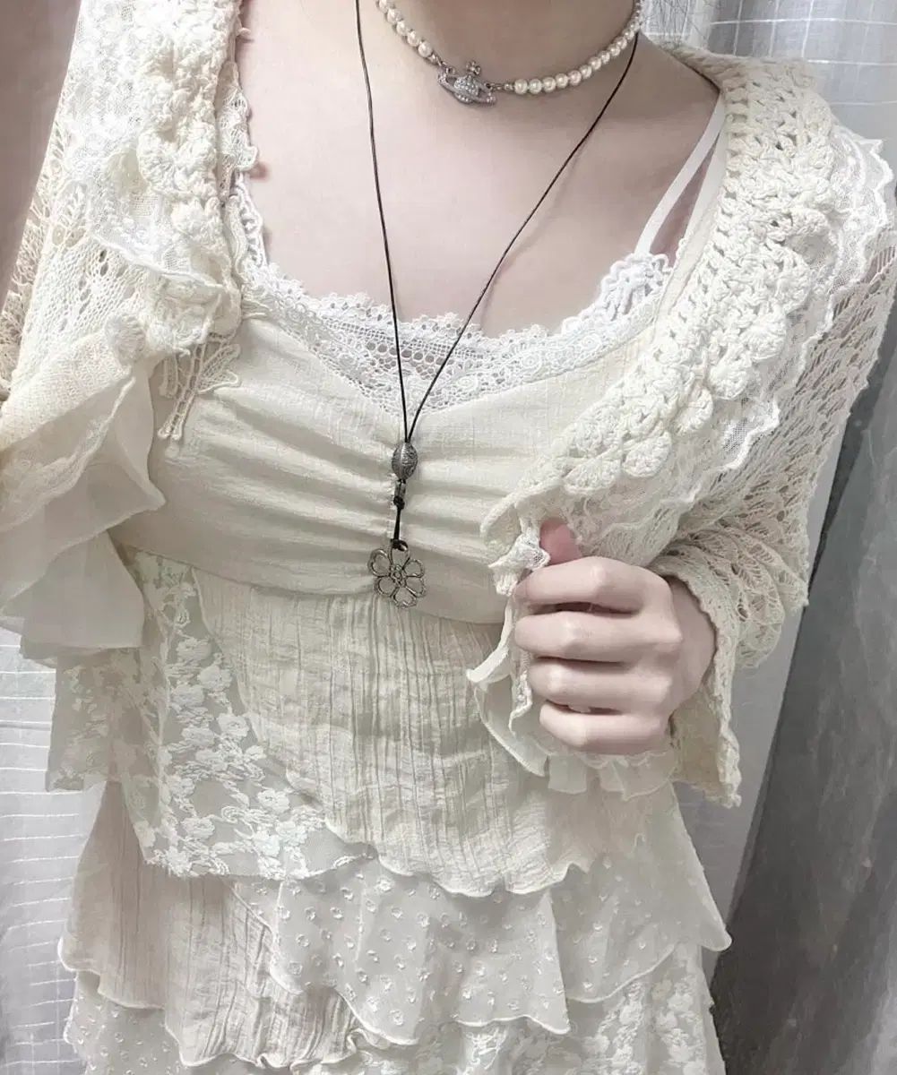 ヴィンテージ パッチ レイ アシンメトリー ONE PIECE カーディガン セット 森ガール