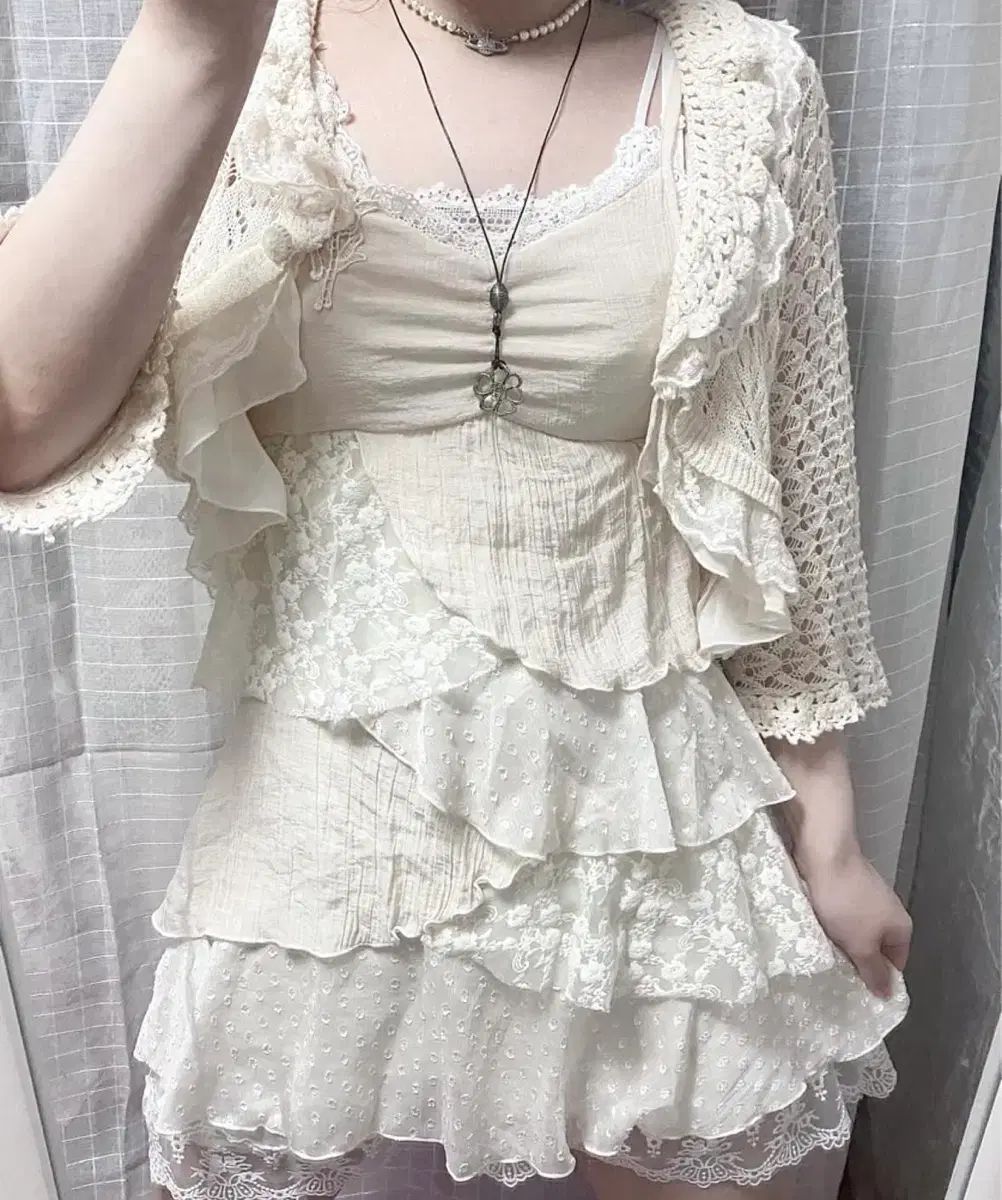 ヴィンテージ パッチ レイ アシンメトリー ONE PIECE カーディガン セット 森ガール