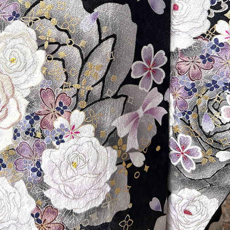 振袖 単品 販売 成人式 リサイクル 正絹 黒 薔薇 リボン 金彩 身丈