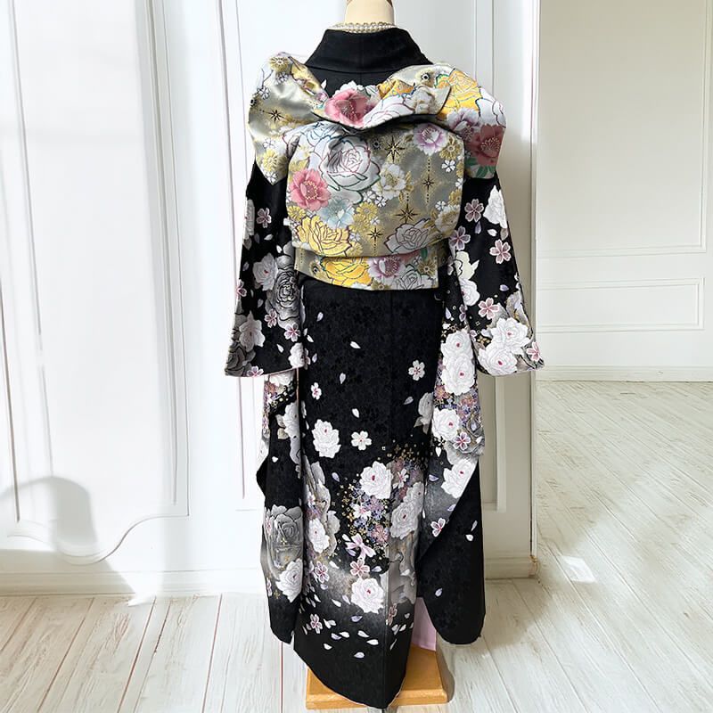 振袖 単品 販売 成人式 リサイクル 正絹 黒 薔薇 リボン 金彩 身丈