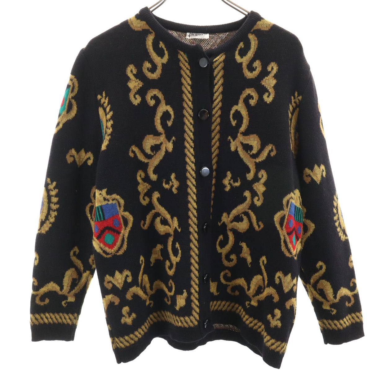 Herno ヘルノ 90 s イタリア製 ウールブレンド オールド 長袖 ニットカーディガン 46 ブラック ストール付き レディース 古着