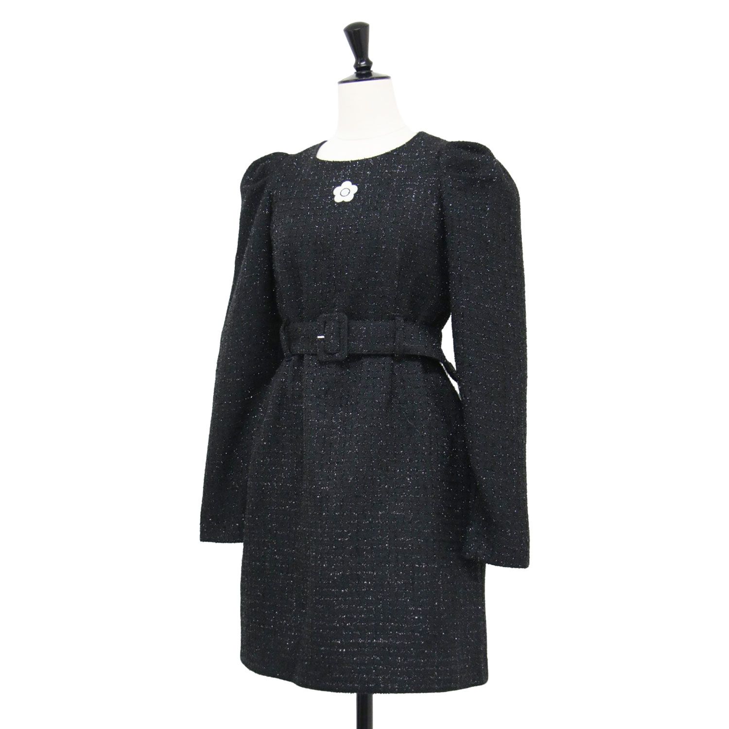 MARY QUANT マリークヮント ワンピース ブラック 黒 サイズ:38(M) | ラメ チェック ツイード ワンピース / ドレス | 長袖 クルーネック ミニ丈 パフスリーブ ロゴ 刺繍 | トップス【レディース】【中古】【美品】【K4647】 美品】MARY QUANT マリークヮント ワンピース ブラック 黒 サイズ:38(M