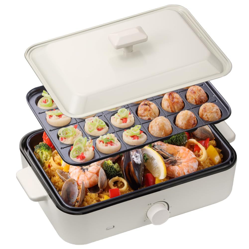 MAXZEN ホットプレート 鍋 焼肉 たこ焼き 温度調整 プレート グリル鍋 たこ焼き器 お好み焼き 一人用 家族 減煙 丸洗い 電気プレート コンパクト ヒーター式 卓上 フタ付き 黒 BK マクスゼン