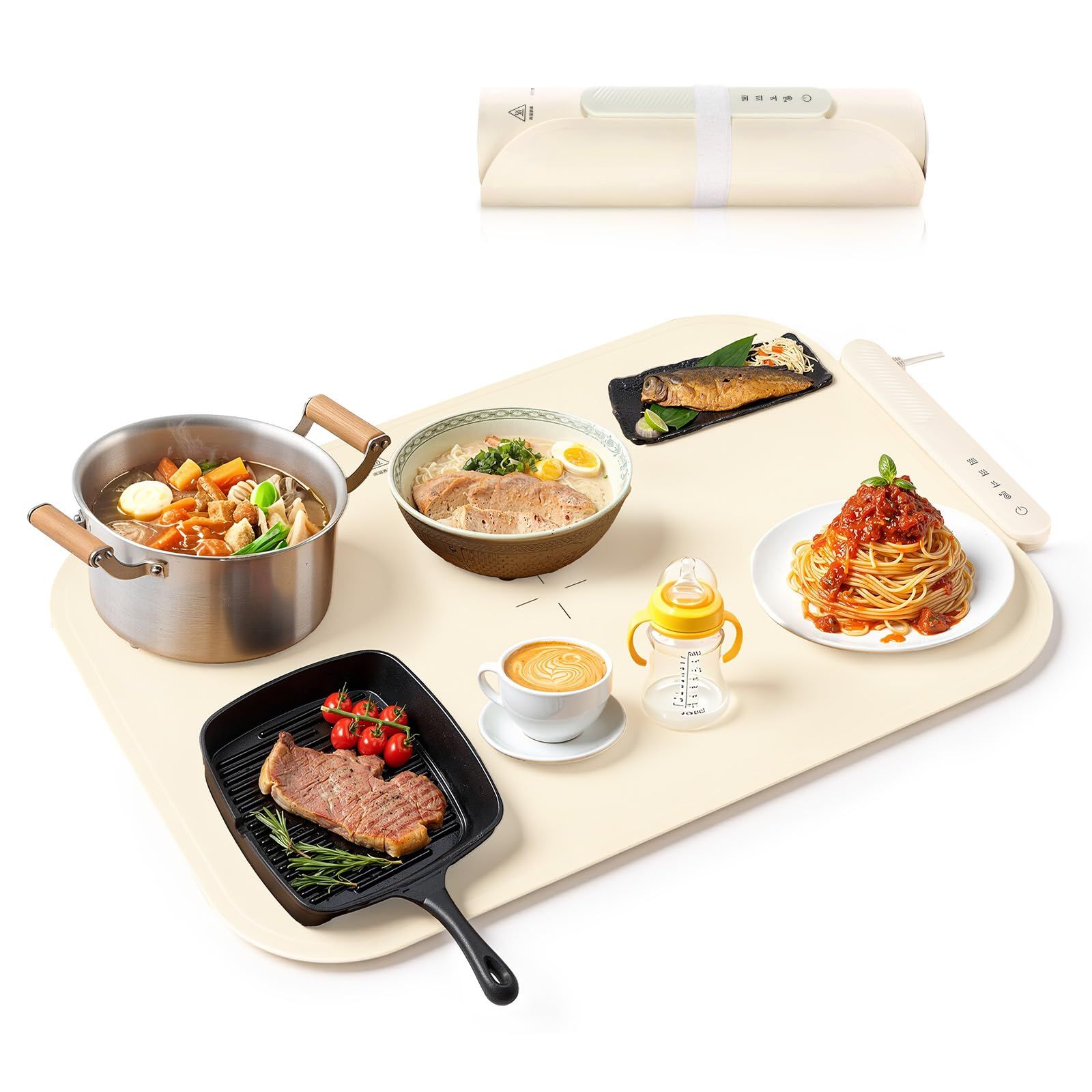 食品保温プレート 加熱プレート フードウォーマープレート 電気保温トレイ 折りたたみ ホットプレート 3段階温度調節 食品断熱ボード 卓上ヒーター 薄型 簡単にお手入れ ベージュ
