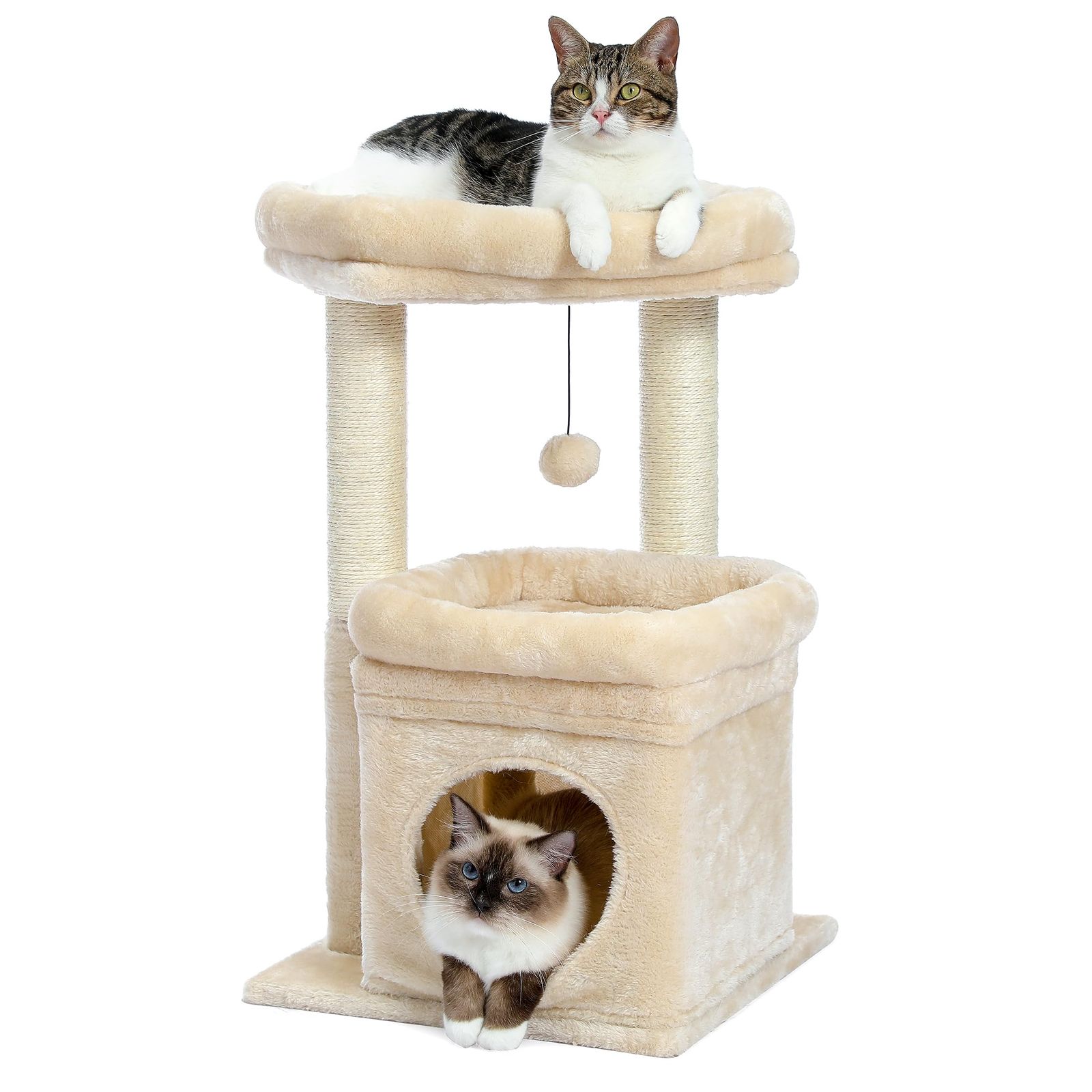 PAWZ Road キャットタワー ミニ 猫タワー 小型 低い 小さめ 据え置き 人気 爪とぎポール 爪研ぎ 麻紐 猫のおもちゃ コンパクト 省スペース 頑丈 安全 猫ハウス 展望台 - 68cm ベージュ