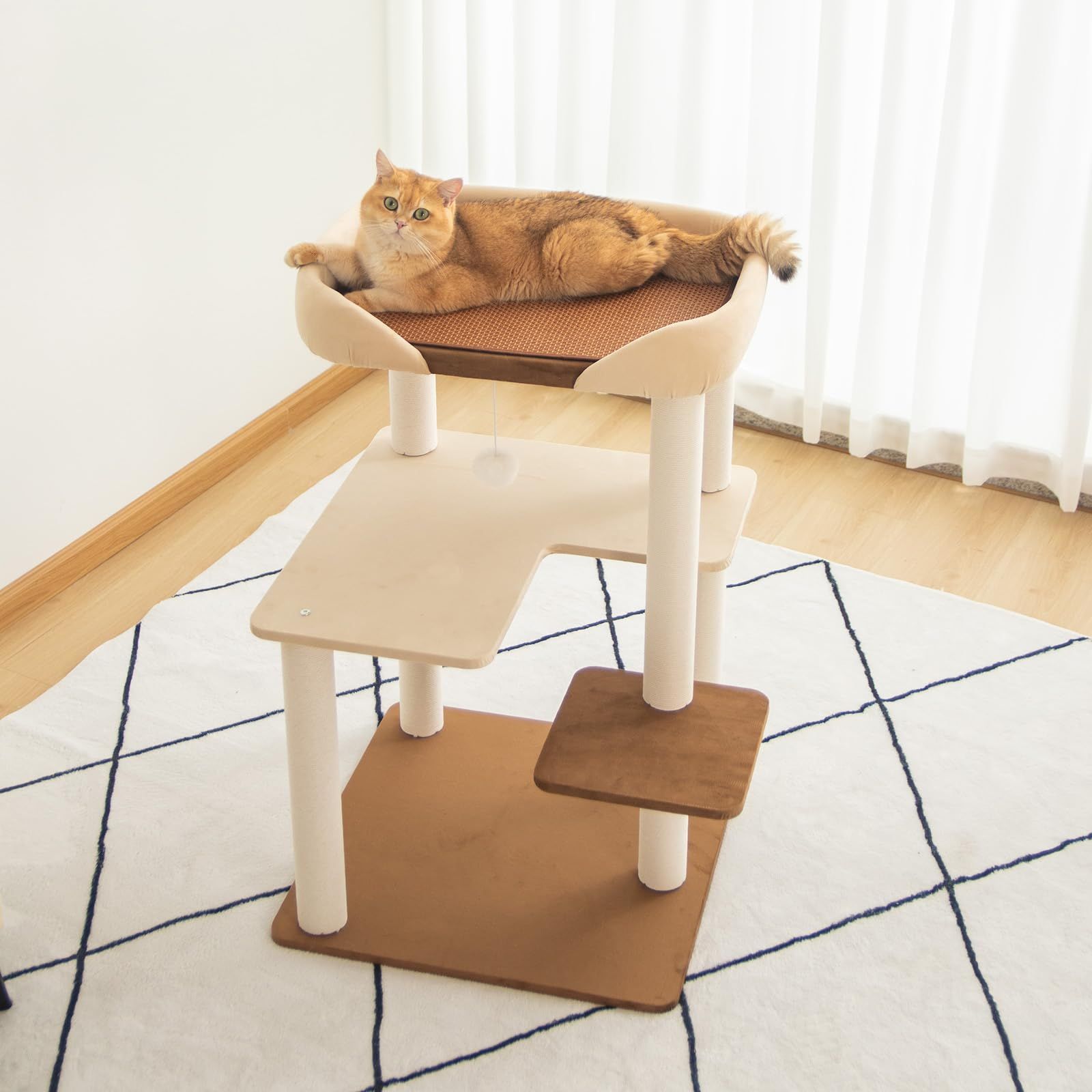 キャットタワー 据え置き おしゃれ クッション入りベッド 巨大土台 多頭飼い コンパクト ワイドベース60*60 cm 木製ボードにベルベット張り 広々 シニア猫 成猫 冬夏兼用 涼しいござ付き 大型猫 安定感 低め 転倒防止デザイン お掃除楽々 …