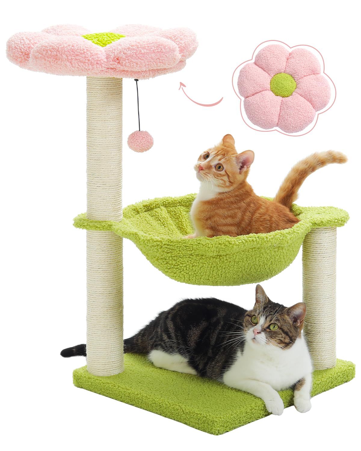 PAWZ Road キャットタワー ミニ かわいい 低い 猫ハンモック 猫タワー 据え置き 猫爪研ぎ つめとぎポール 麻紐 小型 小さめ 花 花びら フラワー サボテン 猫ベッド コンパクト 人気 おしゃれ 組立簡単 おもちゃ - ピンク 高さ70cm