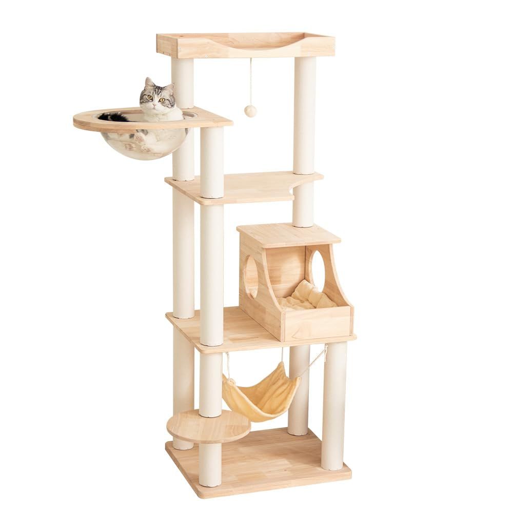 キャットタワー 木製 据え置き 宇宙船向き左右変更 無垢材 ラバーウッド 大型猫 高さ162 cm 省スペース 天然木 スクラッチ クリアボウル 爪とぎ コットン紐 麻紐 安定性 シンプル 重厚感 猫タワー パーツ交換 キャットツリー 手入