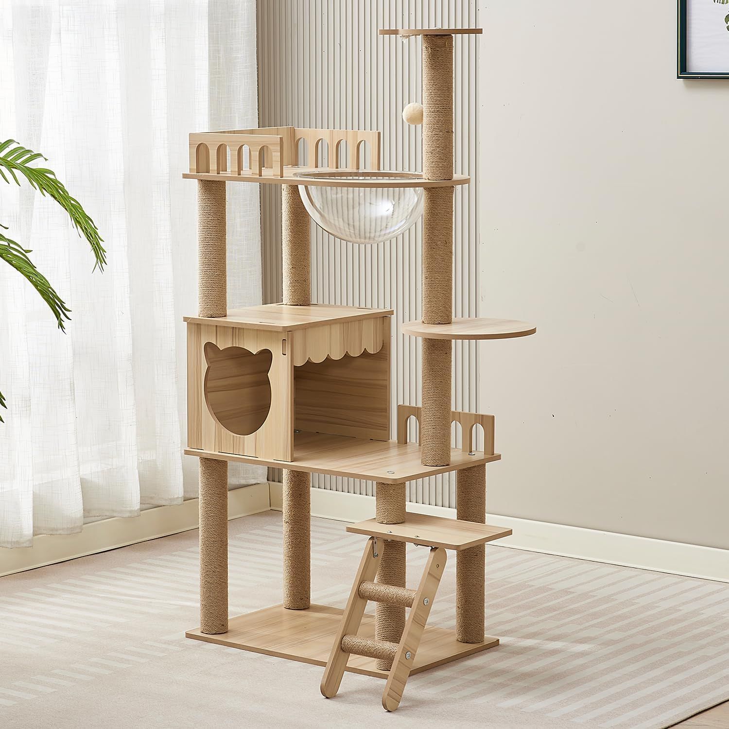 Yinanroaキャットタワー - スリムデザイン 大型猫用 老猫や肥満猫 子猫向けキャットハウス 宇宙船型透明ボウル 多頭飼い 対応 組み立て簡単 安定性 多段階のステップ 省スペース 天然麻紐の爪とぎ 運動不足解消 日本語説明書付き キャットタワー…