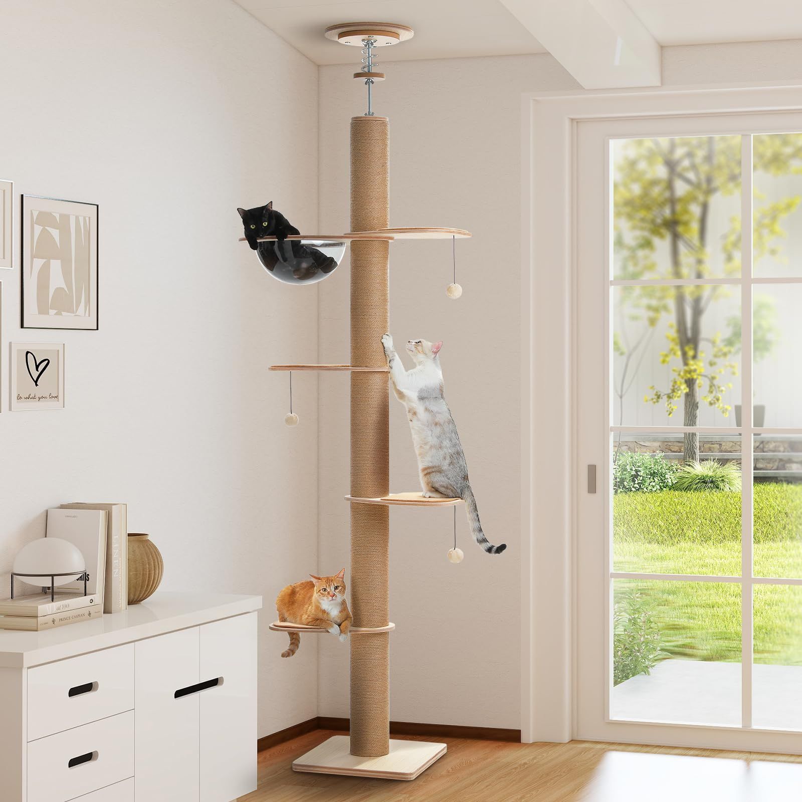 PAWZ Road キャットタワー 突っ張り 木製 全面麻紐 爪研ぎ 直径10.5 cm 太 スリム 大型猫用 猫タワー 木目調 夏 木登りタワー おしゃれ 多頭飼い クリアボウル 宇宙船付き 滑り止めマット おもちゃ 登りやすい インテリア 安定 運動不…
