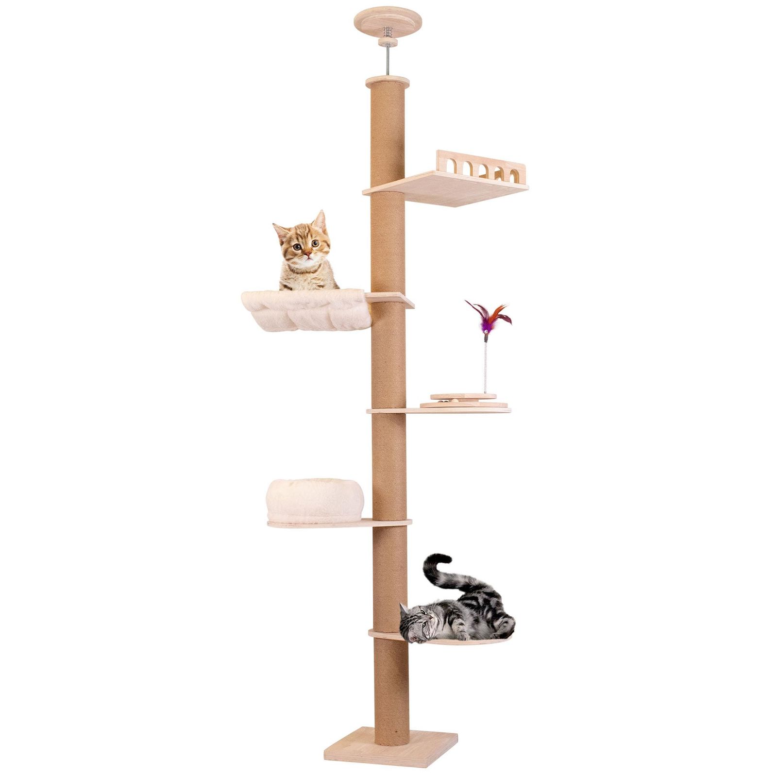 Meowtopia キャットタワー 木製 猫タワー 突っ張り スリム 小型 中型 大型猫用 キャット タワー ウォーク 猫 日本語マニュアル 高さ調節 218-282 cm 多層プラットフォーム 麻縄巻き支柱 猫用ベッド付き 安定性