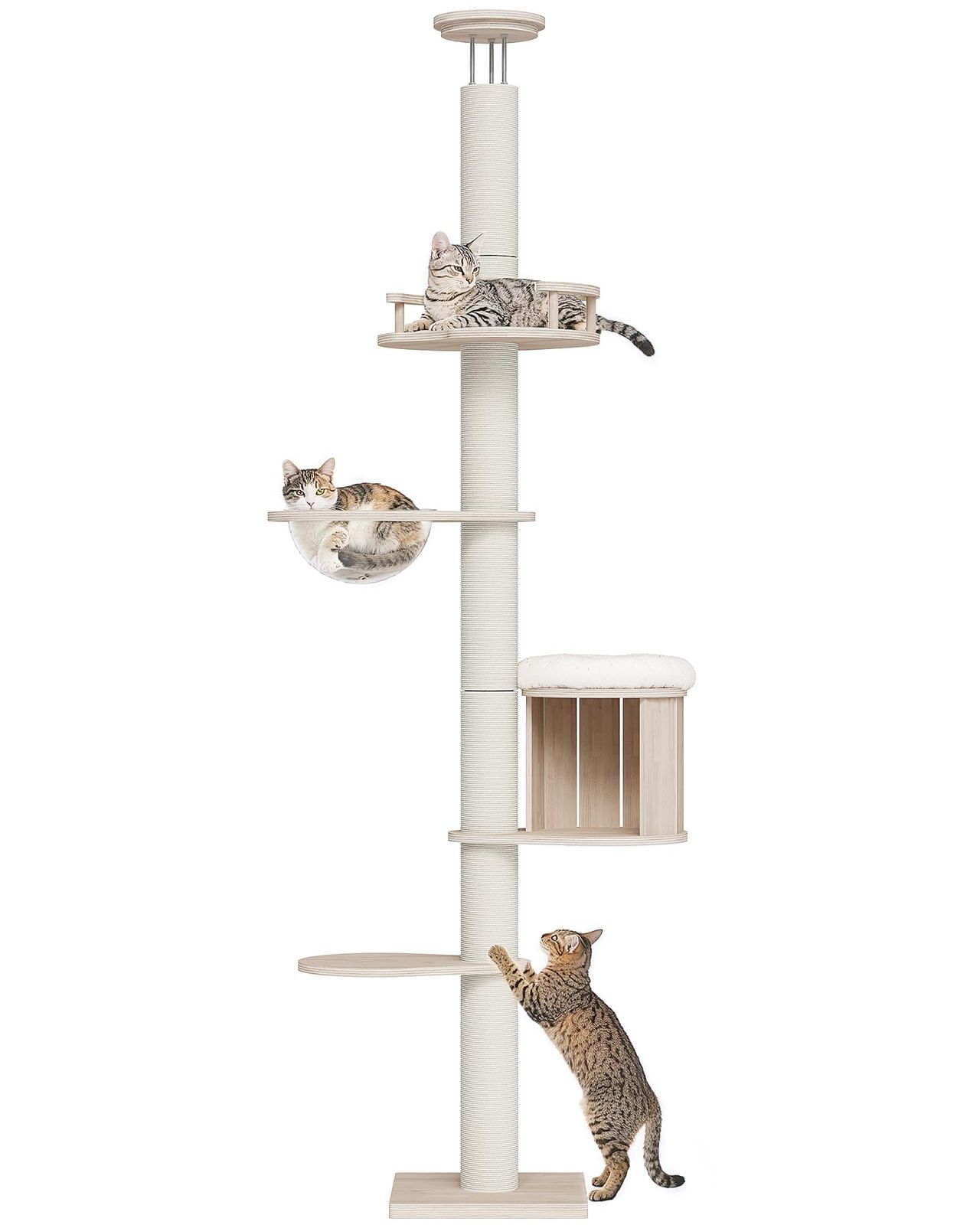 OROPY キャットタワー 突っ張り 木製 スリム 宇宙船ハンモック付き 多頭飼い 猫タワー 省スペース 運動不足解消 隠れ家 太爪とぎポスト 全綿縄巻き キャットツリー 193 250 cm調整