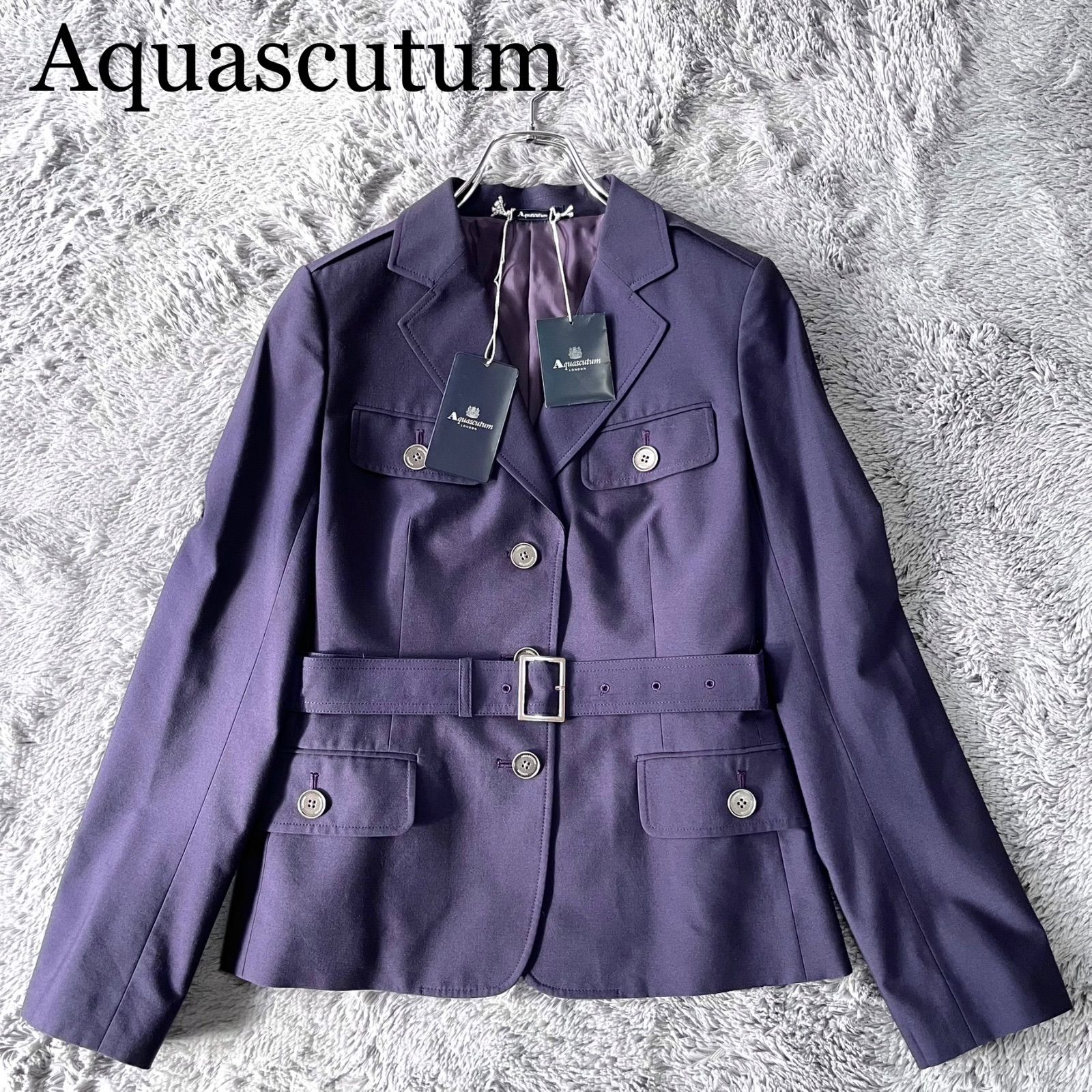 色 Aquascutum アクアスキュータム サファリジャケット 銀ボタン ベルト付き ベルテッド 紫 パープル 8号 M相当 レディース 定価82 950円