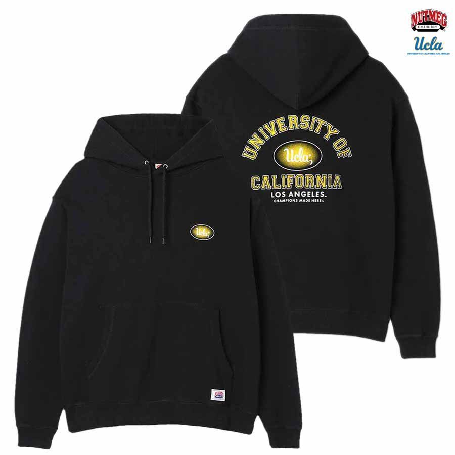 NUTMEG × UCLA PULLOVER HOODIE【BLACK】 (L・XL)(ナツメグ 通販 メンズ 大きいサイズ スウェット プルオーバー パーカー フーディー フード ロングスリーブ UCLA カリフォルニア ロサンゼルス カレッジ アメカジ)
