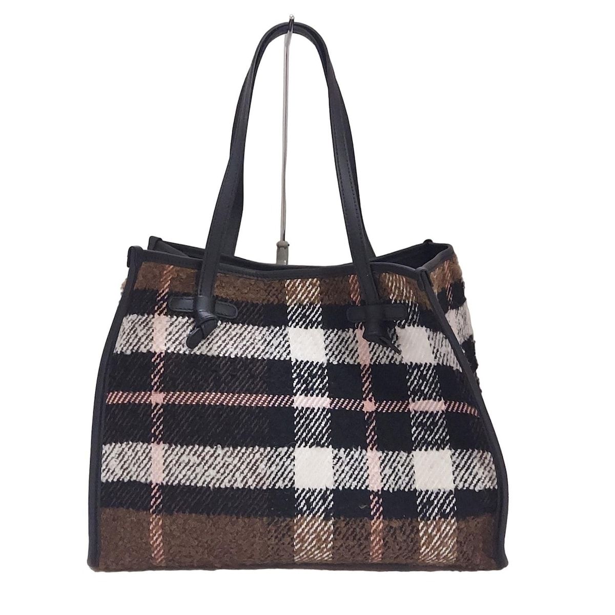 GIANNICHIARINI(ジャンニキャリーニ/ジャンニキアリーニ) トートバッグ - ダークブラウン×黒×マルチ チェック柄 ウール、レザー