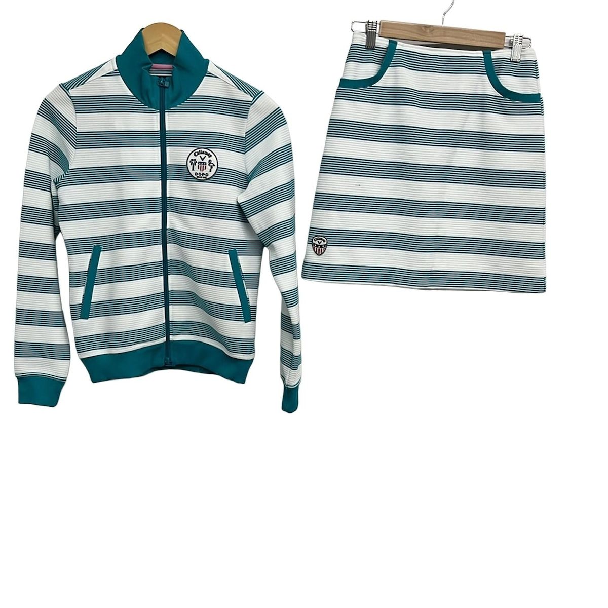 CALLAWAY キャロウェイ スカートセットアップ レディース 白×グリーン ボーダー ジップアップ