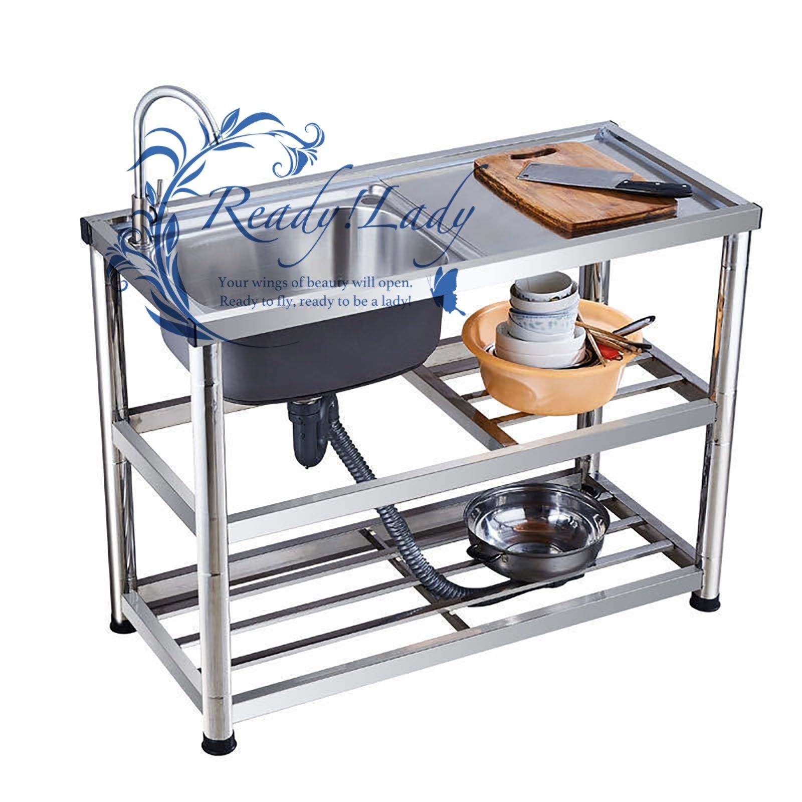 台所用流し台 3層 ガーデンシンク ステンレス製 蛇口水栓付き キッチンシンク ポ-タブル一槽シンク 屋外 工場 業務用 家庭用 厨房 簡単取付 Size 80*45*80 CM