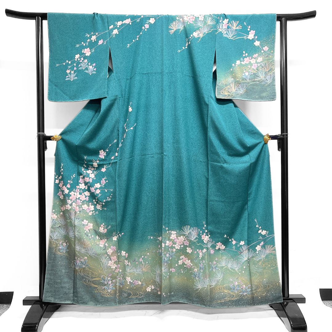 D583 訪問着　枝垂れ桜　流水　正絹　着物　袷　しつけ糸付き未使用極美品 未着用 訪問着 友禅 金彩 枝垂れ桜 松 流水 たたき染 着物 115b d ms