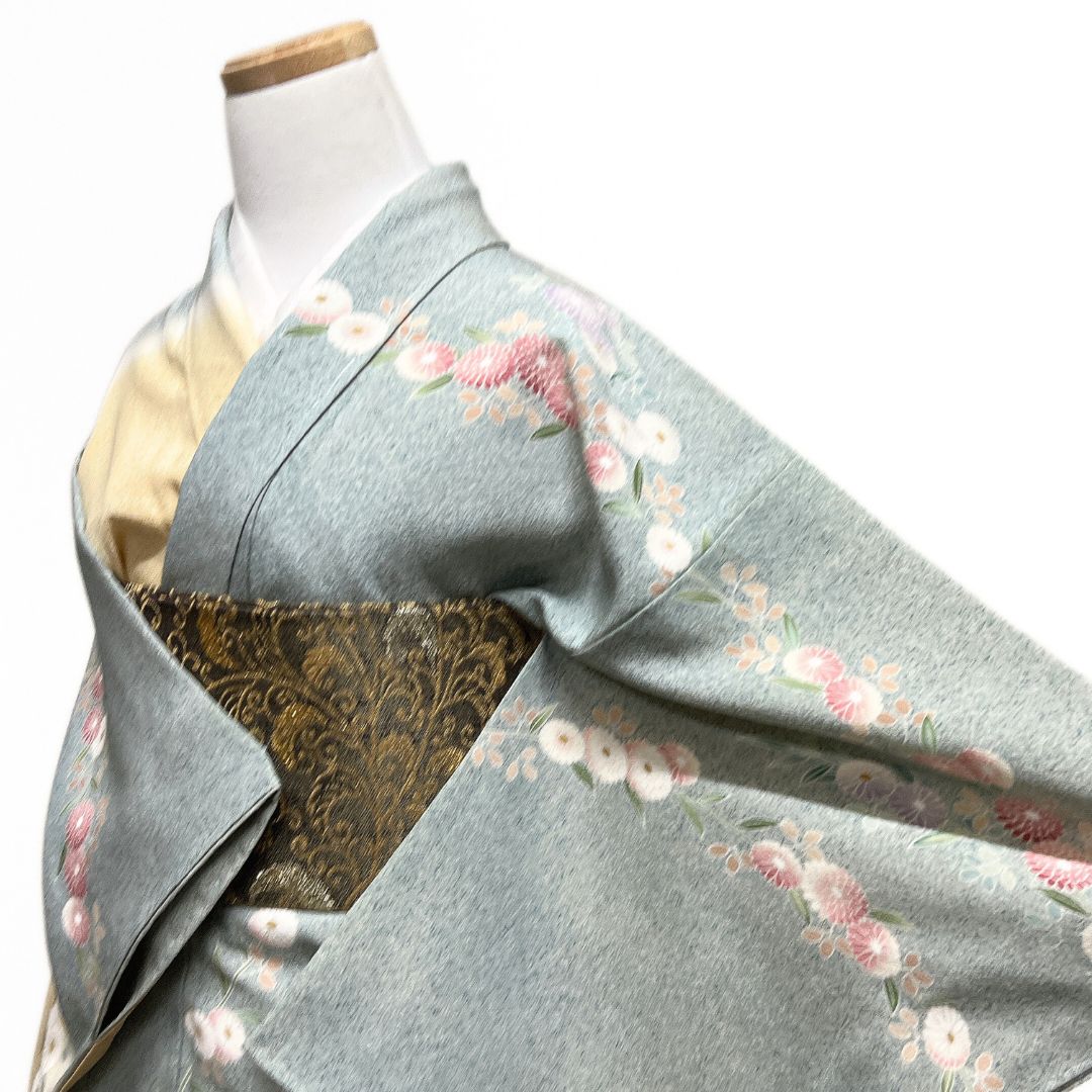 未着用　作家もの　訪問着　たたき染め　カラーの花　葉影　着物　052a p 未着用 作家もの 訪問着 たたき染 菊花 枝垂れ 紋無し 華やか 着物