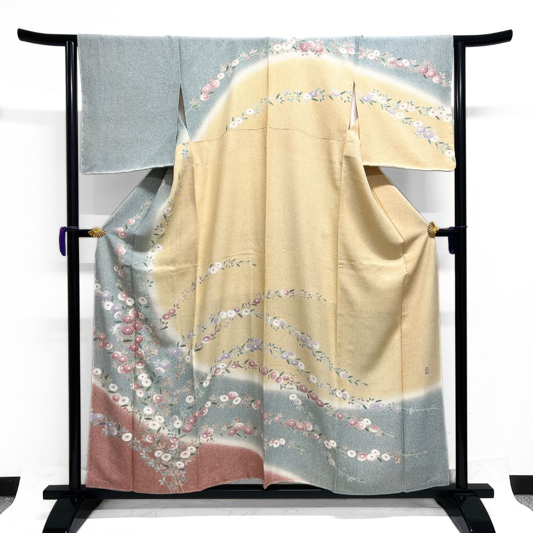 未着用 作家もの 訪問着 たたき染 菊花 枝垂れ 紋無し 華やか 着物