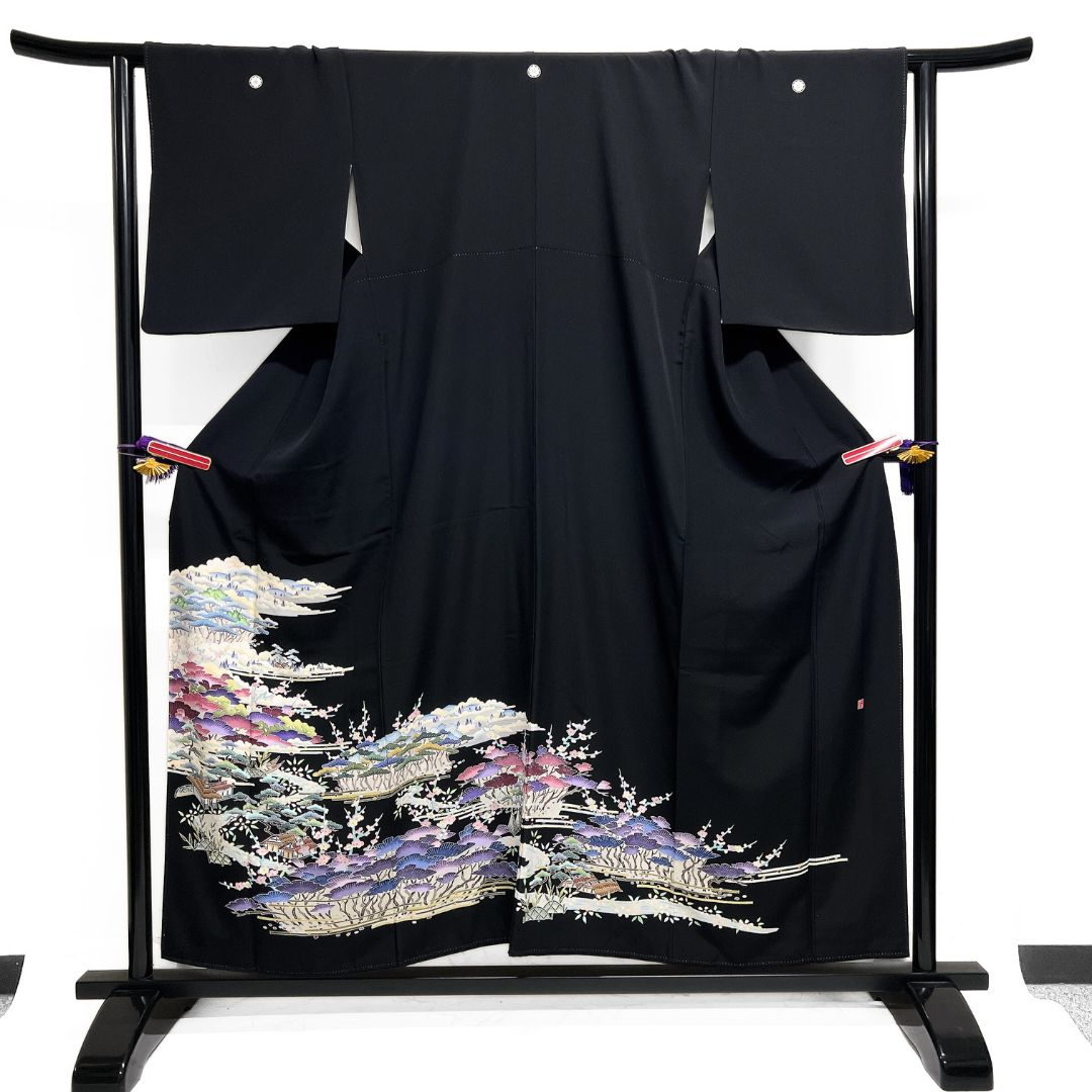 作家もの 黒留袖 五つ紋 比翼付き 家屋 風景 梅 松 着物 115 b d ms