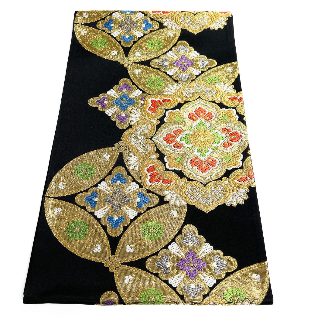 振袖帯 袋帯 華紋 七宝 金糸 花菱 黒地 着物 115 b d ms