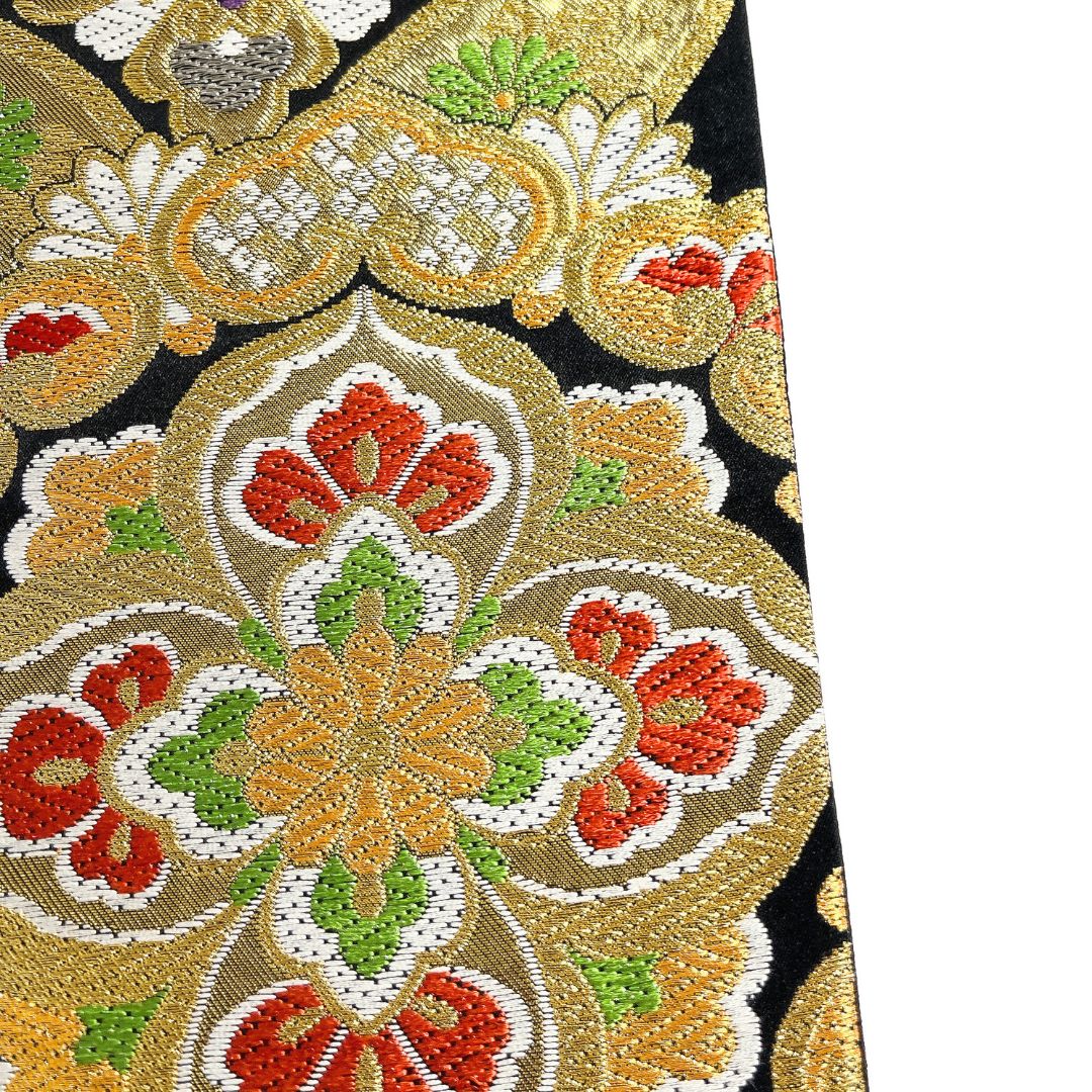  振袖帯 袋帯 華紋 七宝 金糸 花菱 黒地 着物 115 b d ms 袋帯 帯